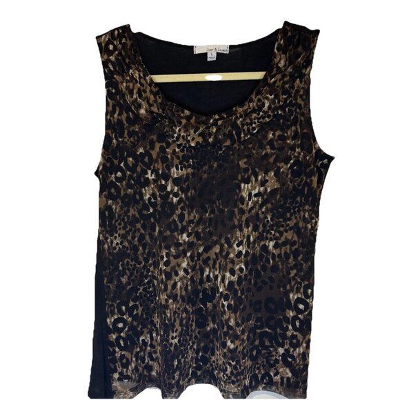 Lucy And Laurel Womens Top L Black Layered Mesh Sleeveless Animal Print Cheetah - Picture 3 of 8